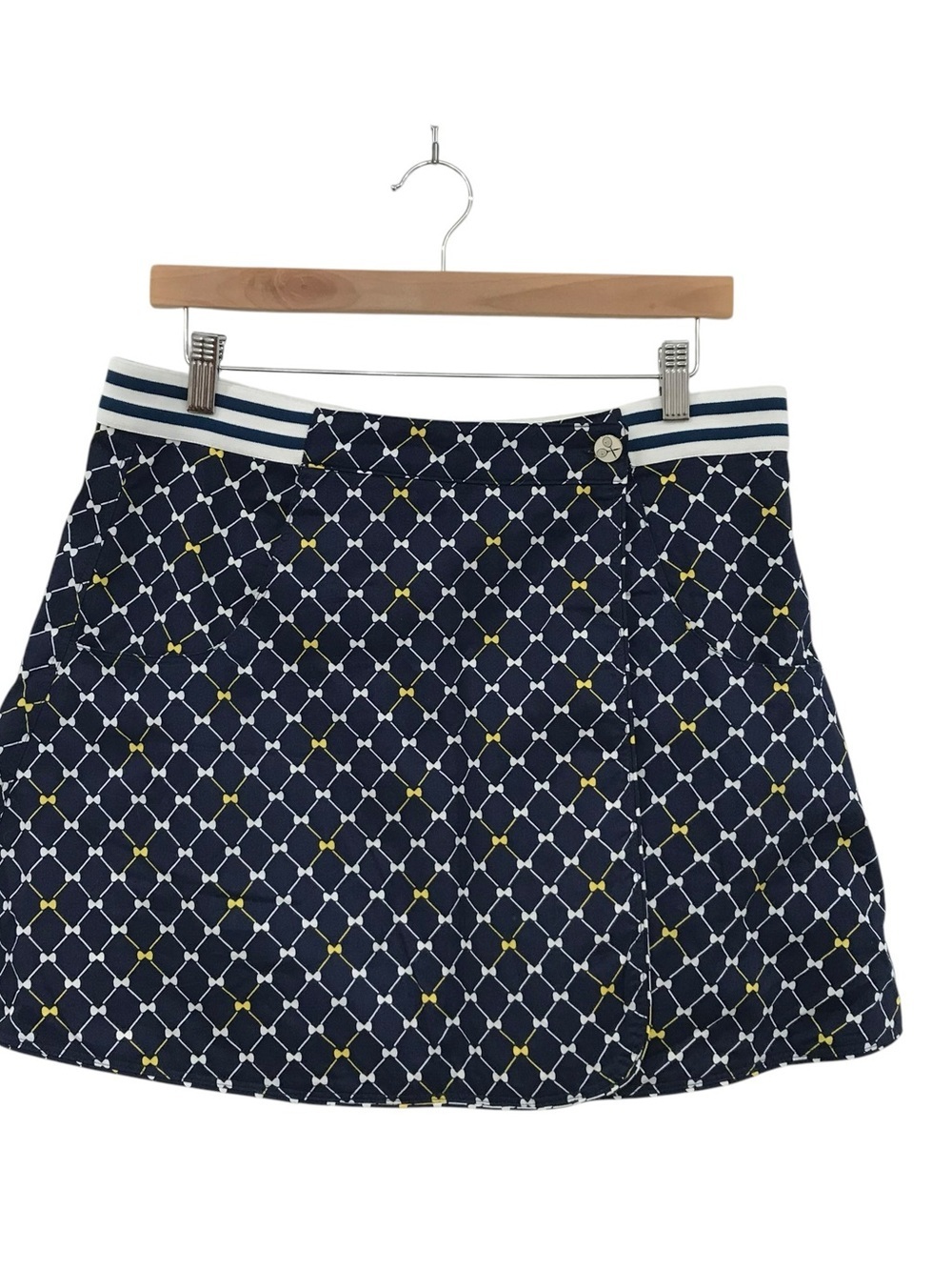 BURU Reversible Navy Bows & Yellow Lurex Tennis A line Mini Skirt Size Large